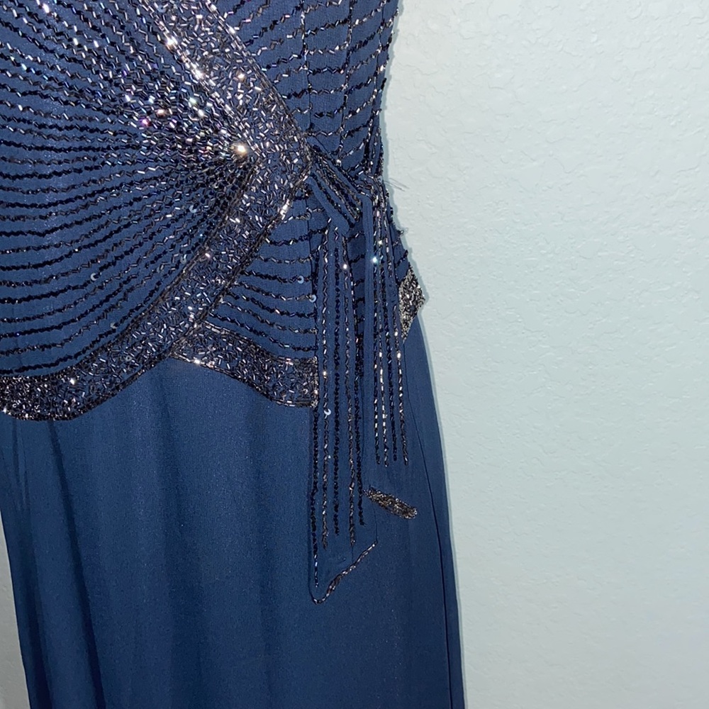 Nwt JKara  Navy Chiffon Embellished Evening Dress Gown - Picture 9 of 14